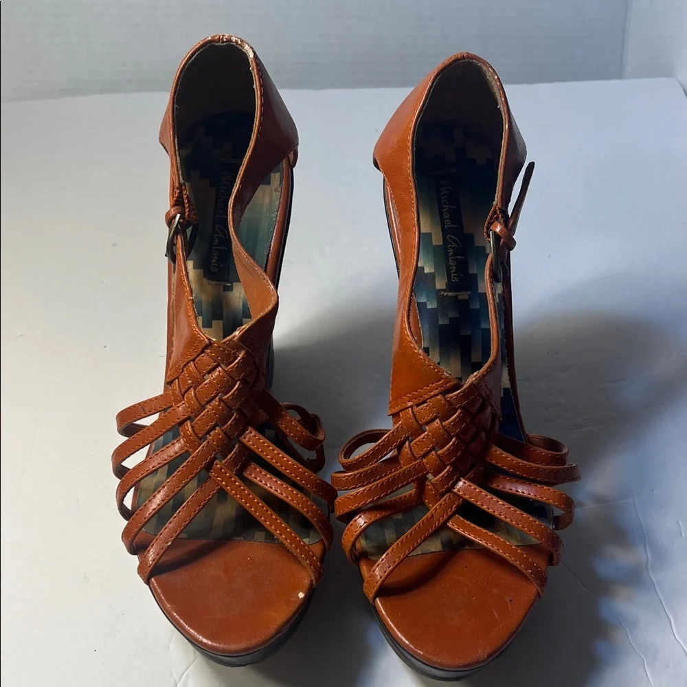 Michael Antonis Women’s orange Wedge Sandals - Strappy Platform Heels size 9.5